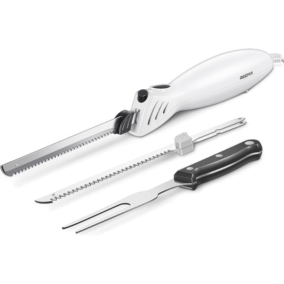 Reemix Z3042 Electric Carving Knife, 100W Motor, 2 Stainless Steel Blades for Meat & Bread, Includes Fork, ETL Certified, Overheat Protection (White)