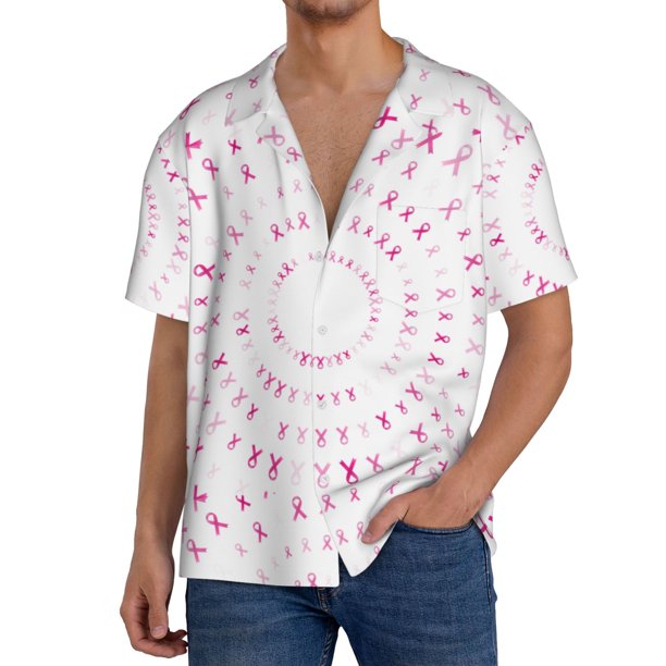 Balery Breast Cancer Awareness (4) Camisa Casual de Manga Corta con Botones para Hombre, Texturizada, Estilo Cubano, para Playa, Verano-X-Large