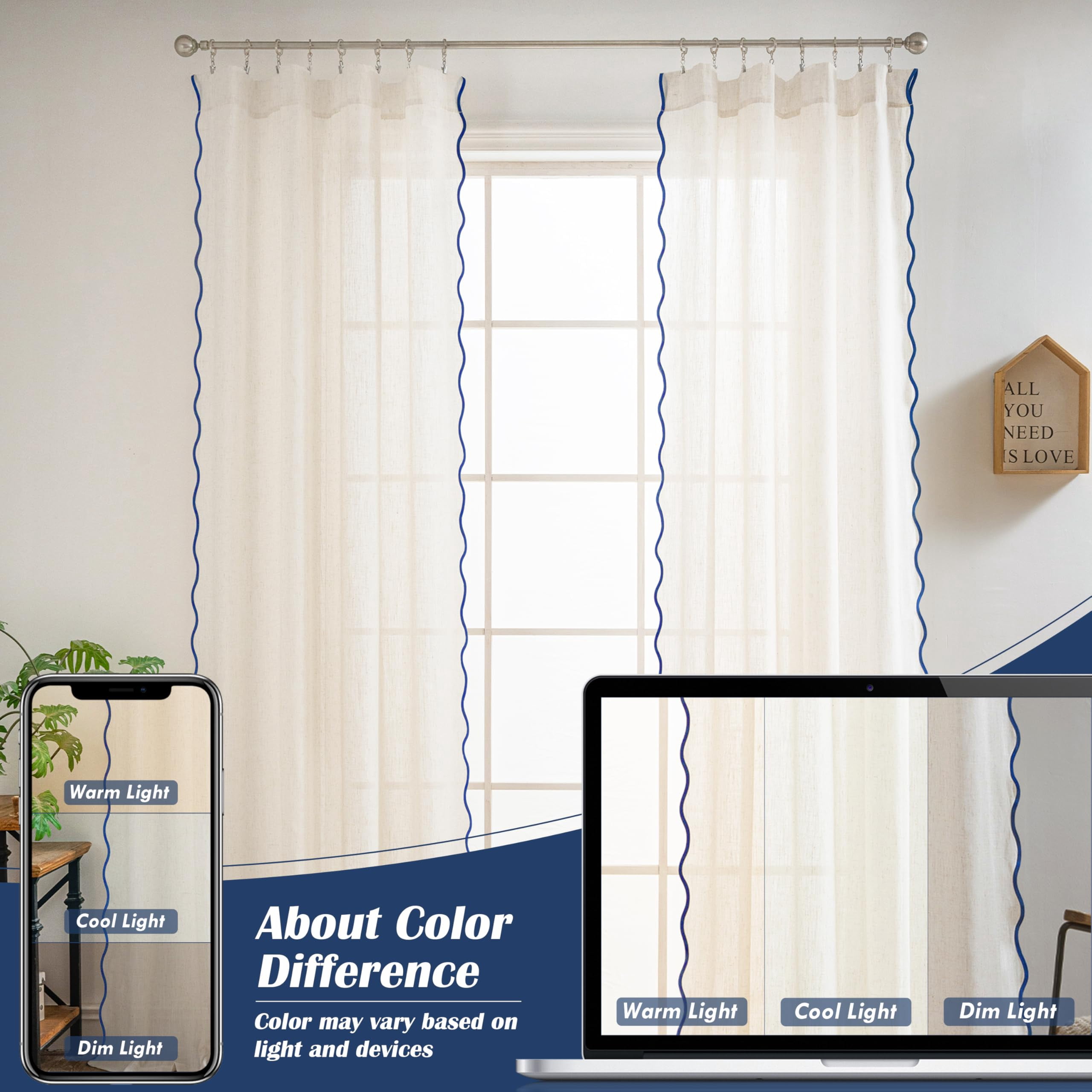 DriftAway Semi Sheer Scalloped Edge Linen Coastal Beach Window Curtains for Living Room Bedroom 2 Panels Rod Pocket Each Size 52 Inch by 96 Inch Navy