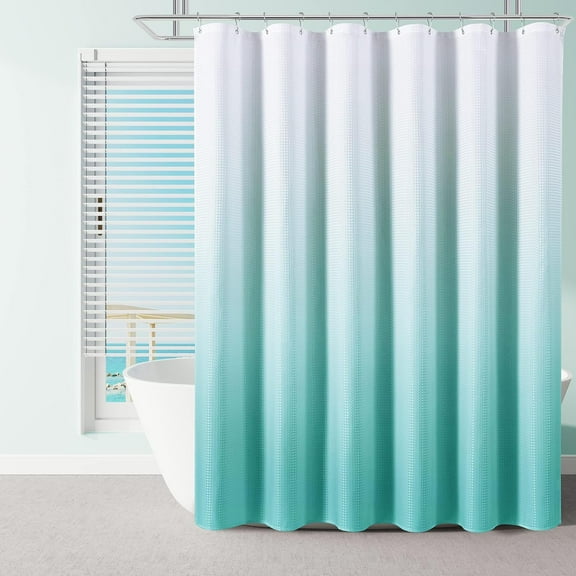 Aqua Blue Shower Curtain Set, Polyester Ombre Shower Curtains for Bathroom, Water Repellent Textured Fabric Bath Shower Curtain with 12 Hooks,Machine Washable (72 x 84 inch, Aqua)