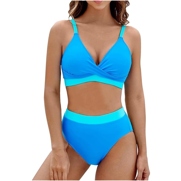 Conjunto de Bikini de Cintura Alta para las Mujeres Bloque de Color Cruzando Suspensiones, Traje de Baño de Moda sin Espalda Sexy