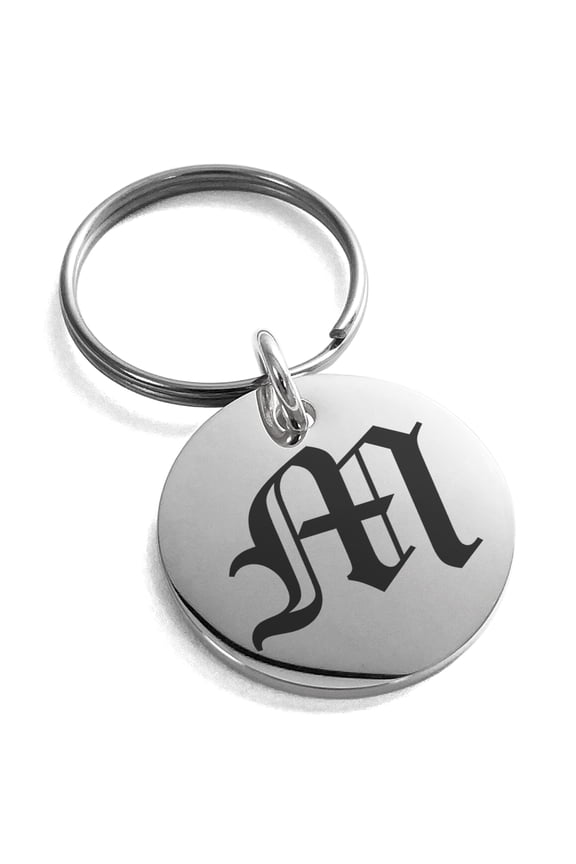 Stainless Steel Letter M Initial Old English Monogram Engraved Small Medallion Circle Charm Keychain Keyring