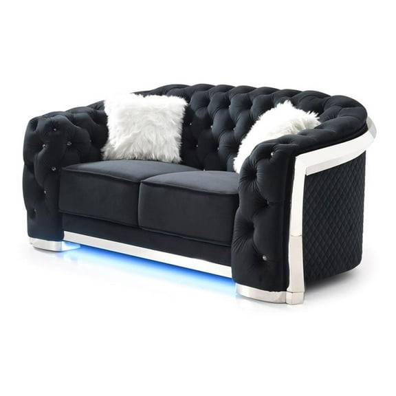 Pemberly Row Modern Black Velvet Loveseat With LED Accent Lighting