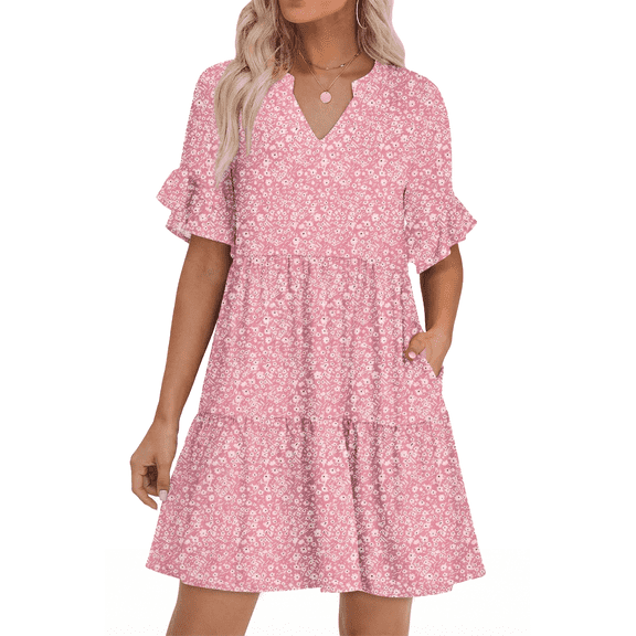 MLDRA Dresses for Women V Neck Boho Summer Dresses with Pockets A Line Mini Beach Ruffle Sleeve Tiered Flowy Loose Casual 2026 S