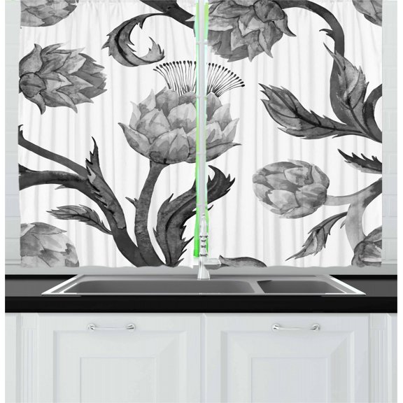 Ambesonne Artichoke Kitchen Curtains, Stalks and Leaves Eat, 55"x39", Black and White