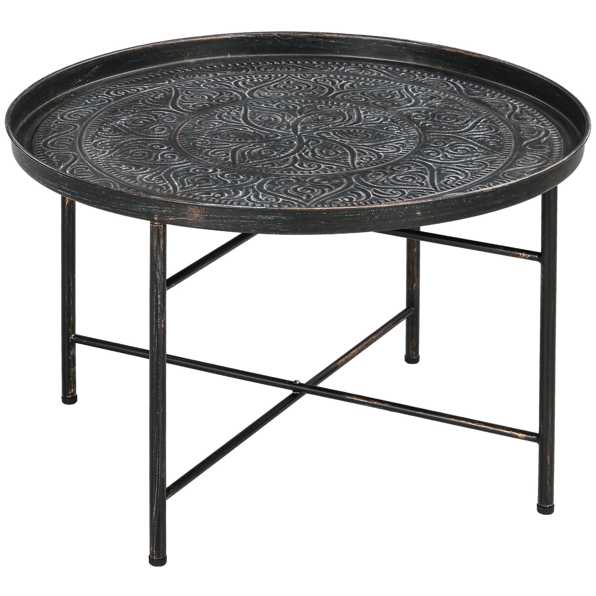 HOMCOM 24" Round Coffee Table with Hammered Tray Top & Metal Frame, Pewter