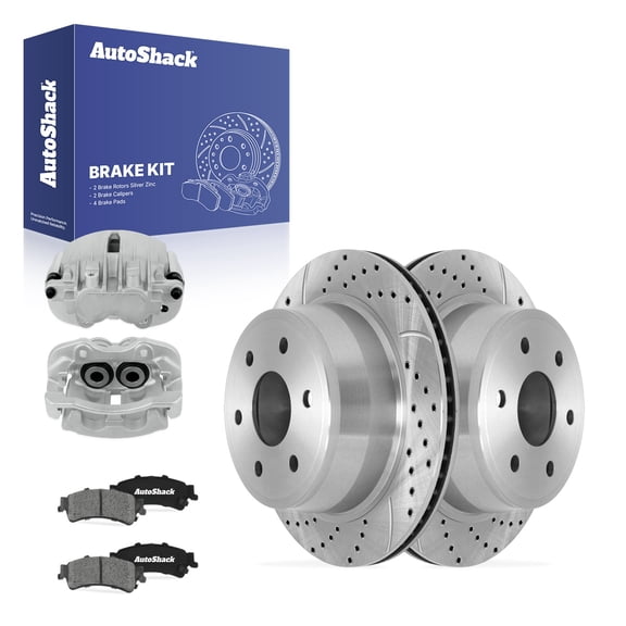 AutoShack Rear Vented Drilled & Slotted Silver Zinc Coated Brake Rotors   Ceramic Pads   Calipers 8-PC Brake Kit Replacement for 2007 Chevrolet Silverado 1500 Classic SilverShield Pro 12.8" (325 mm)