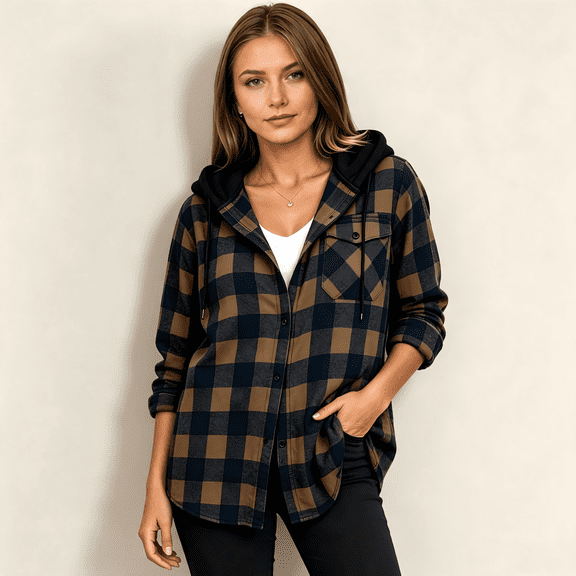 Jsaierl Womens Casual Plaid Hooded Shacket Flannel Lightweight Jacket Fall Button Down Shirts Hoodies with Pocket