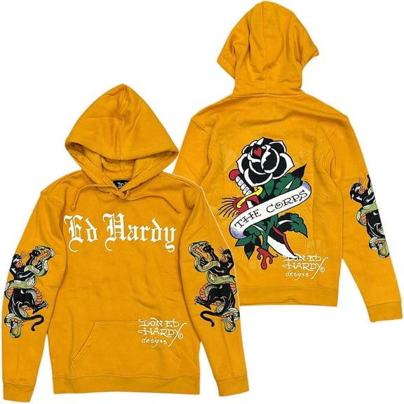 Ed Hardy Men's Hoodie Panther Snake Fleece Pullover Sweatshirt (Large, Marigold)