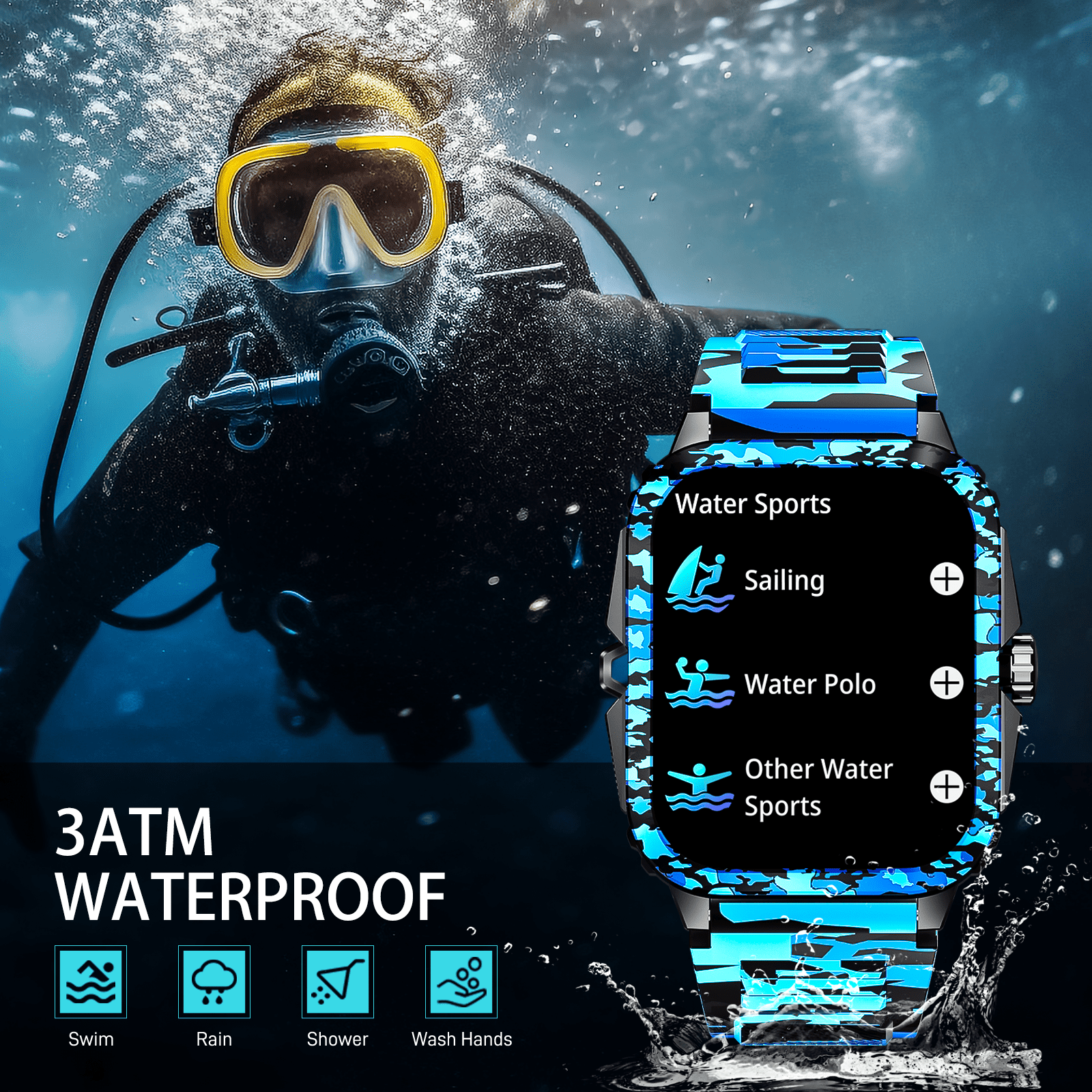 EIGIIS KT71 Smart Watch for Men, 1.96'' Big Screen 3ATM Waterproof Rugged Outdoor Smartwatch with Sports Swimming Watch for Android iOS, 1pc