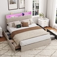 thumbnail image 4 of Satifur Queen Bed Frame with Storage Headboard, Platform Bed with 4 Drawers, Rivet Upholstered Bed Frame with LED Lights & Charging Station, Beige, 4 of 12