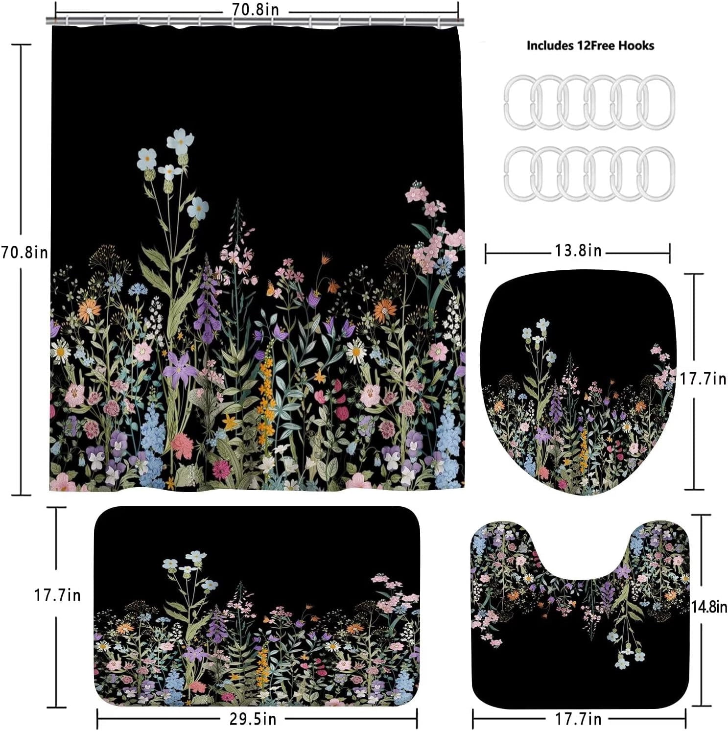 4 Pcs Floral Shower Curtain Set Black Shower Curtain and Rug Set Colorful Floral Bathroom Decor Sets with Shower Curtains and Rugs and Accessories Flower Bathroom Shower Curtain Set with 12 Hook