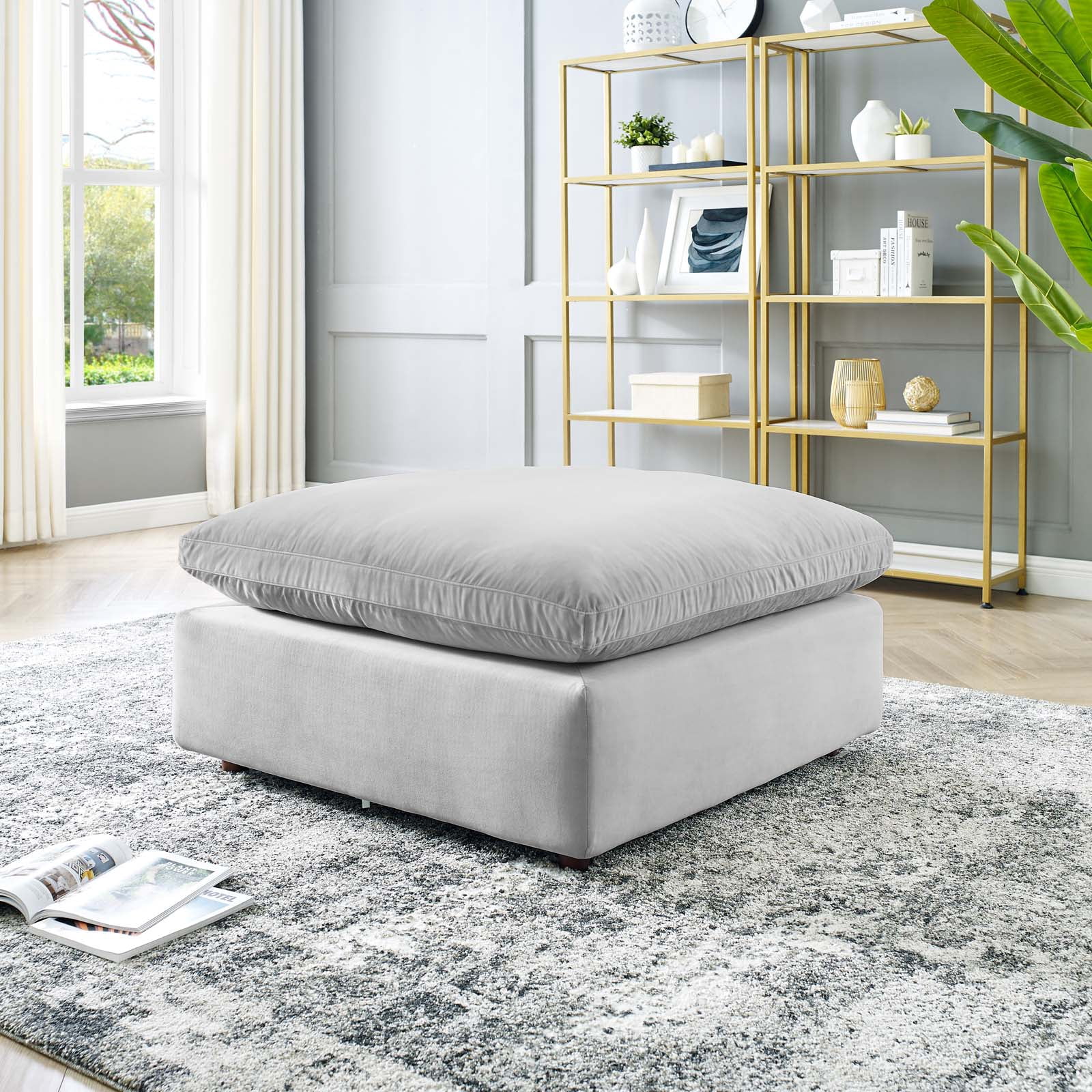 Modway Commix Down Filled Overstuffed Performance Velvet Ottoman in Light Gray