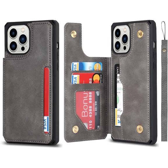 Compatible with iPhone 14 Pro Max Luxury PU Leather Case with Card Holder,Cash Slots,Stand Function Back Wallet Case Flip Wrist Strap Double Magnetic Clasp Case for iPhone 14 Pro Max 6.7",Gray