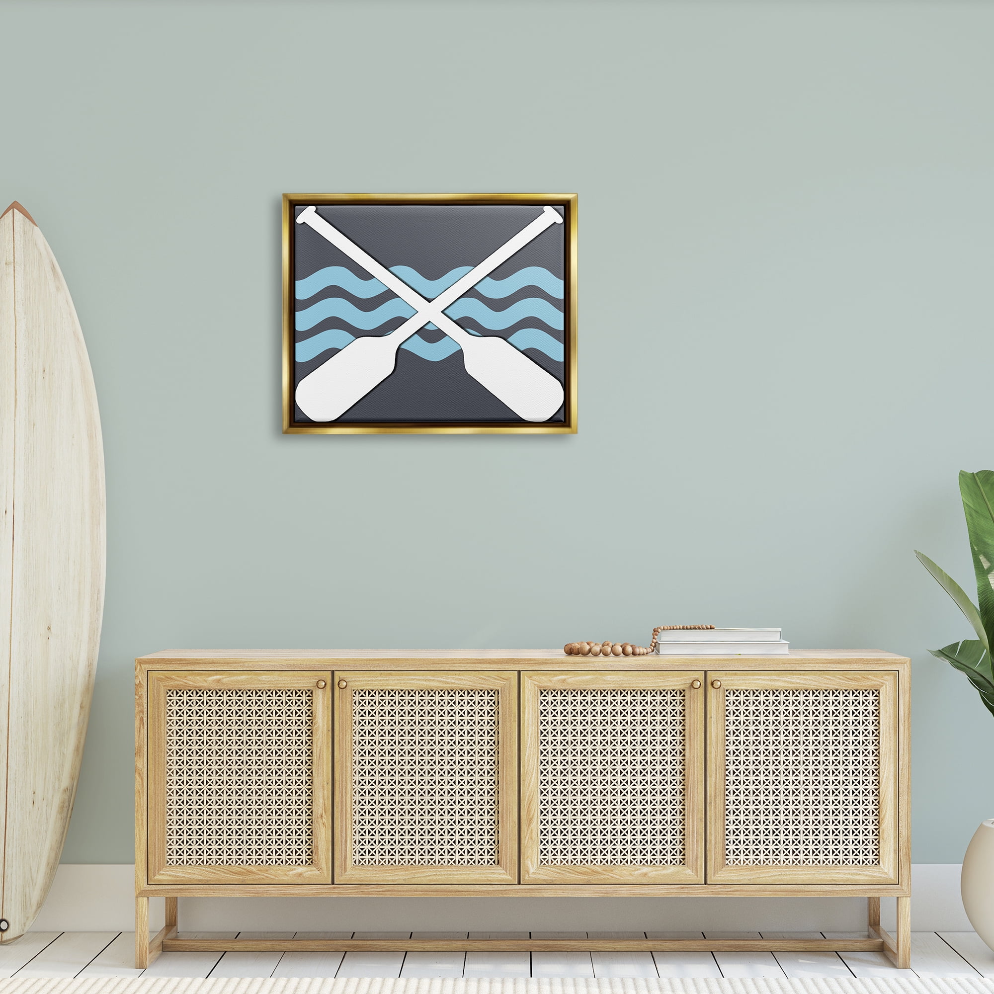 Stupell Crossed Boat Oars Sea Waves Landscape Painting Gold Floater Framed Art Print Wall Art