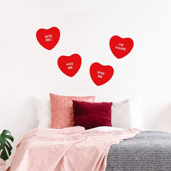 Ensemble de 4 Autocollants Muraux Vinyl pour la Saint-Valentin - Bonbons en Forme de Cœur Assortis - 10 Pouces x 11 Pouces Chacun - Décoration Amusante pour Salon Chambre Intérieur Extérieur Appartement Café (10 Pouces x 11 Pouces, Rouge)