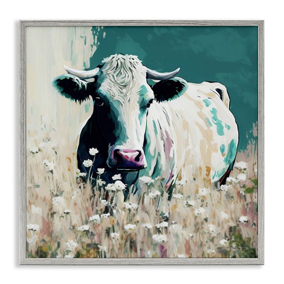 Stupell Industries Farmhouse Modern Cow in Meadow Gray Framed Giclee Art, 17 x 17, by Seven Trees Design