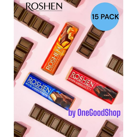NEW Roshen Sweet Mix Chocolate Bar with Fondant Filling Pack of 15 (40 to 43 grams)each, 5 of each Flavor