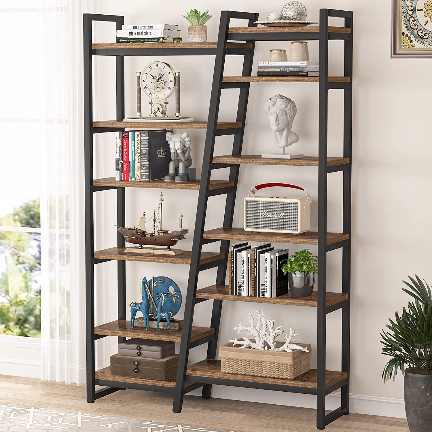 6 Tier Bookshelf, 71 inch Tall Industrial Bookcase, Rustic Etagere