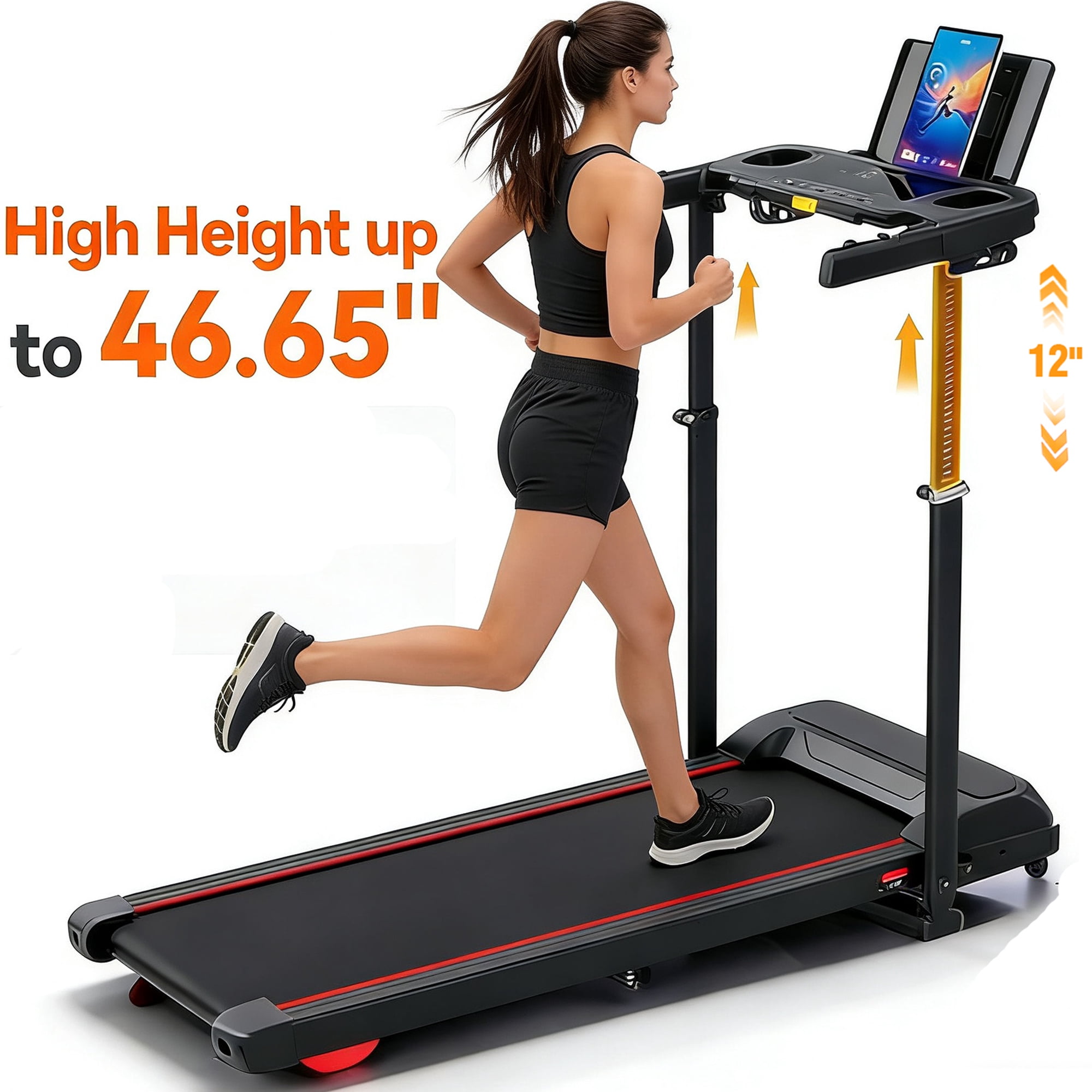 Kismom 8% Incline Treadmill with Adjustable Height & Foldable Workstation, 3.5HP Home Treadmill 300 lbs Capacity, 12 Programs & Heart Rate Monitor
