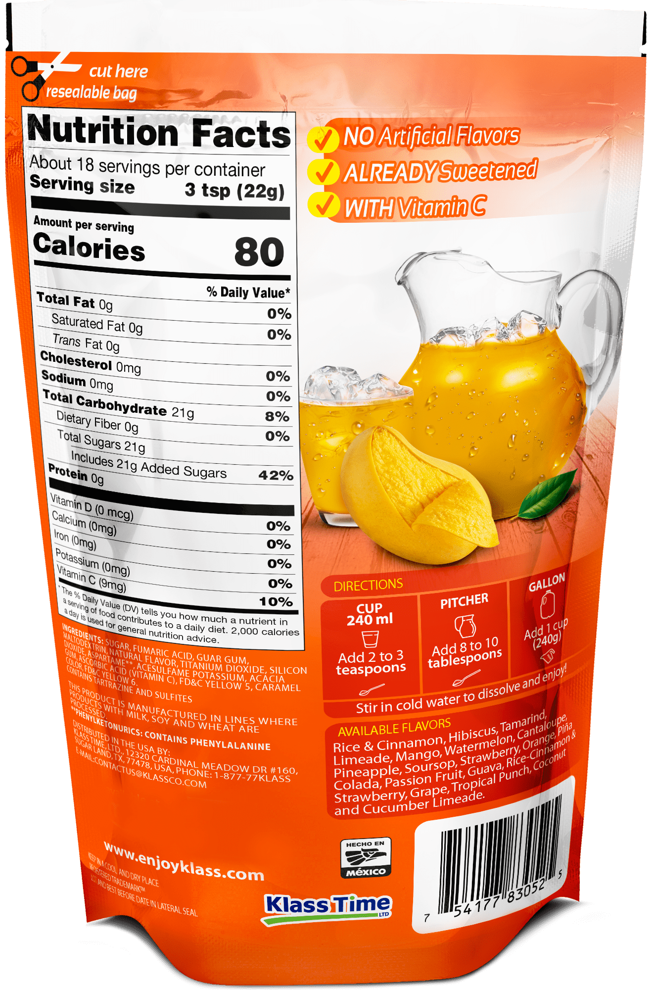 (2 pack) Klass Aguas Frescas Mango, with Vitamin C, Multiserve, Powdered Drink Mix, 14.1oz