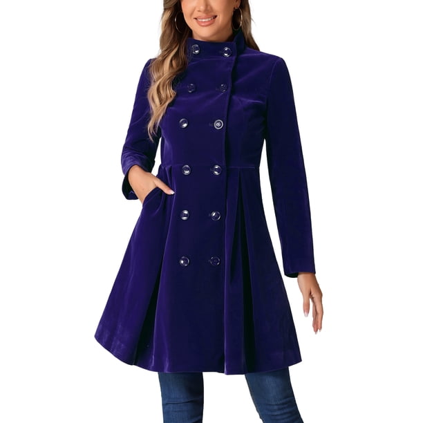Abrigo de terciopelo A-Line para mujer Inspire Chic, de doble botonadura, con cuello alto, abrigo de invierno de longitud media, XS, azul oscuro