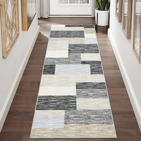 Garvee 2'x6' Runner Rug Modern Geometric Rug Runners Non-Slip Bedroom Rugs for Laundry Room Kitchen, Gray Camel