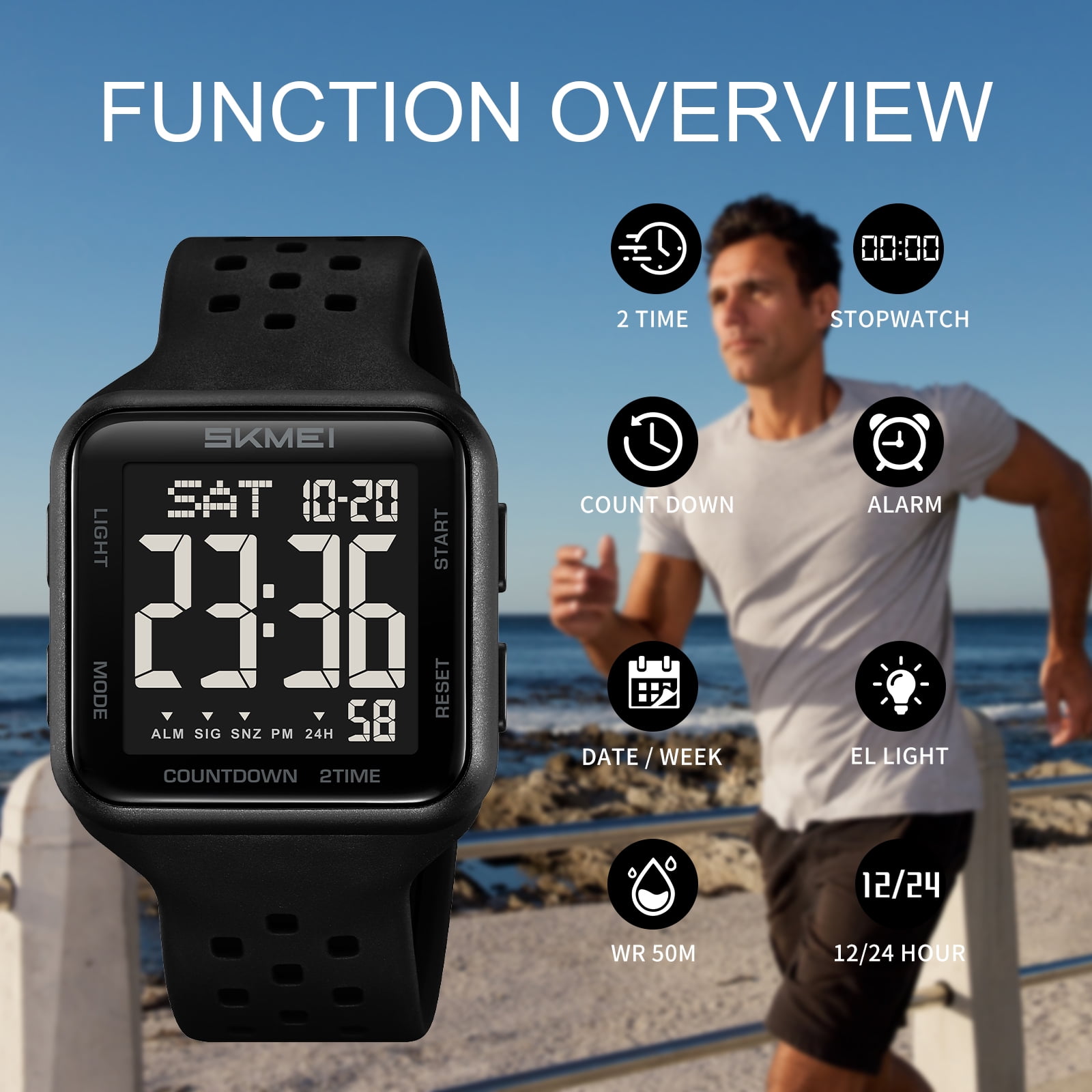 SKMEI Mens Watch Digital Outdoor Sports Waterproof Large Face Wrist Watches for men with LED Back Ligh/Alarm/Stopwatch