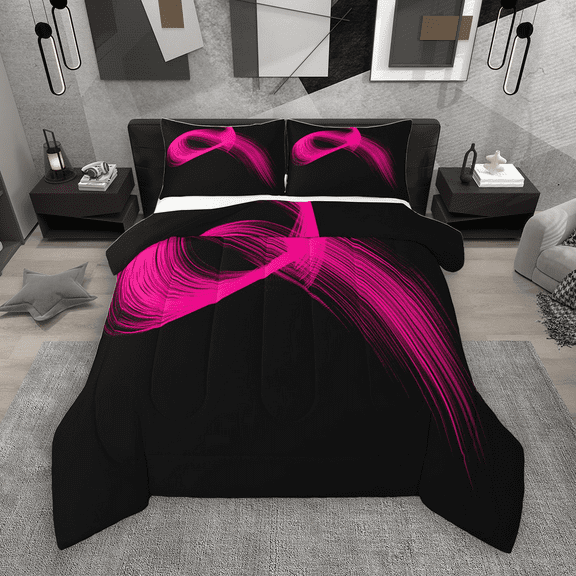 Manfei Pink Black Bedding Comforter Set 2pcs, Modern Abstract Art Twin Comforter Sets, Geometric Line Stripe Bedding Set, Super Cozy Room Decor
