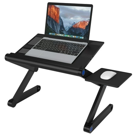Adjustable Vented Laptop Stand, SLYPNOS Portable Folding Standing Desk Ventilated Aluminum Laptop Riser Tablet Holder Notebook Tray with Front Lip and Detachable Mouse Tray for Desk Bed Couch