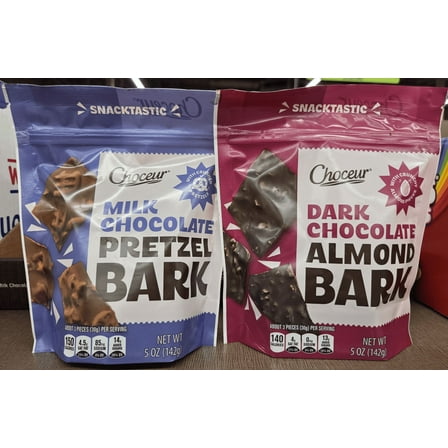 Choceur Milk Chocolate Pretzel Bark & Dark Chocolate Almond Bark 5oz 142g (2 Bags)