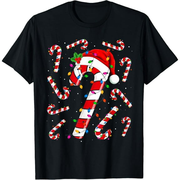Women’s Christmas Holiday T-Shirt, Candy Cane and Lights Print Casual Party Tee