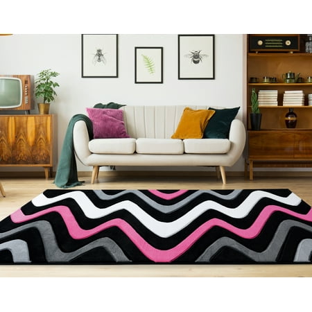 United Weavers Drachma Larissa Contemporary Abstract Accent Rug  Pink  1 10  x 2 8 Add a vibrant and fun touch into any room with this spunky rug. Squiggly lines of bright pink  smoke grey and pure white pop out against the jet-black backdrop that will add a unique accent to your dÃ©cor. This machine-made rug has a design and is stain and fade resistant for your lifestyle needs.