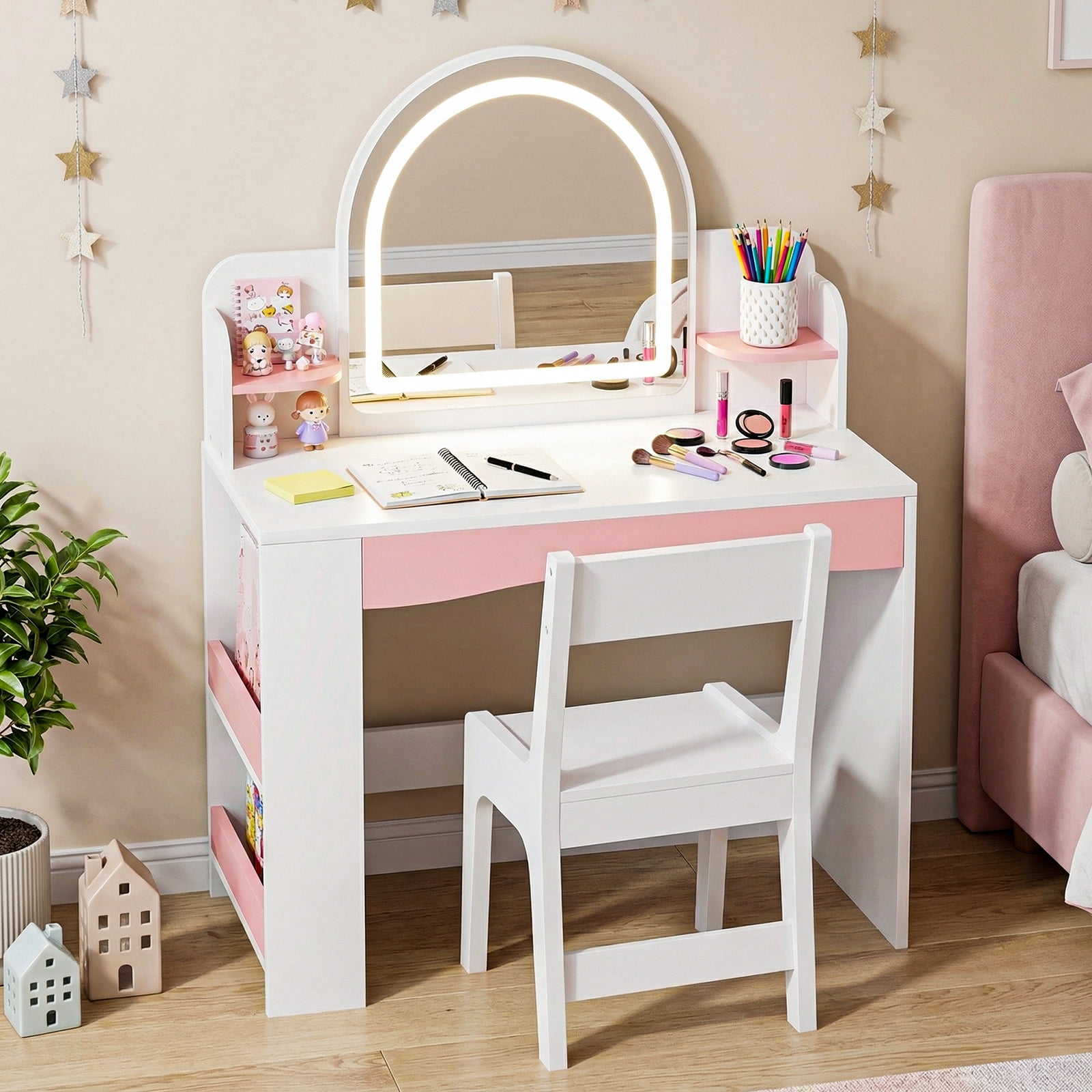 Haewon 27.5" Kids White Vanity with Lighted Mirror & Charging Station, Kids Vanity Table and Chair Set with Storage Cabinet & Drawers, Vanity for Kids, White