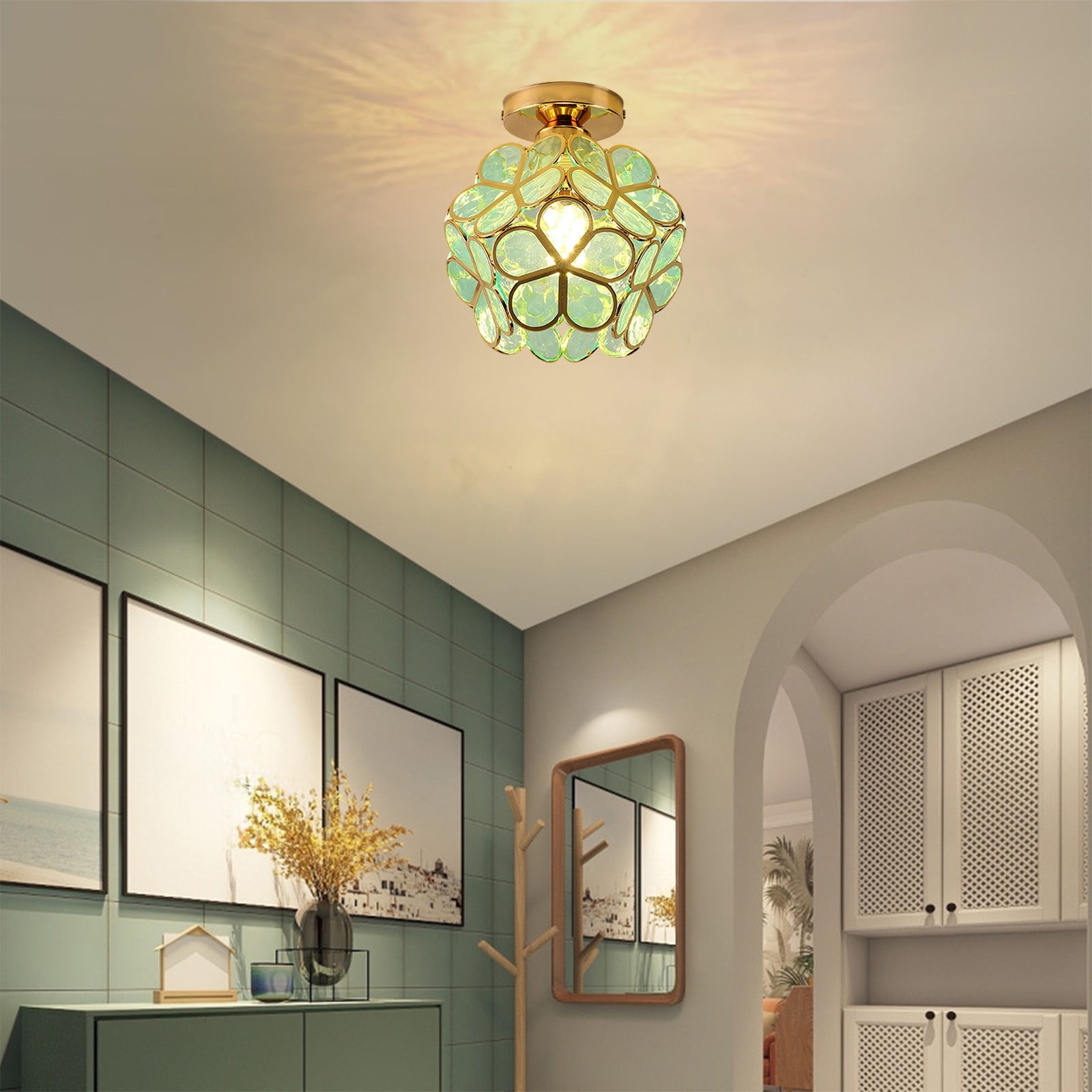 Ceiling Light, Modern Japanese Scandinavian Entryway Light, PVC Crystal Foyer Balcony Corridor Aisle Fixture Easy Installation Warm Lighting, Green