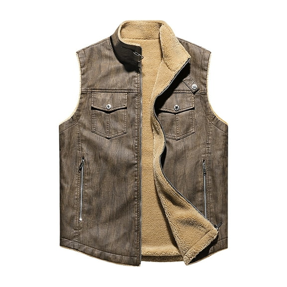 safuny Denim sleeveless jacket Men Lapel Fleeve Lined Outerwear Casual Jean sleeveless jacket Zip Jackets Coffee L