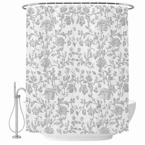 Decorative Shower Curtain Farmhouse Polyester Fabric Waterproof Bath Shower Curtains Bathroom Accessories Boho Gray Flower Shower Curtain 36x78 Inch for Home Hotel Vintage Farmhouse Leaf Spring Plant