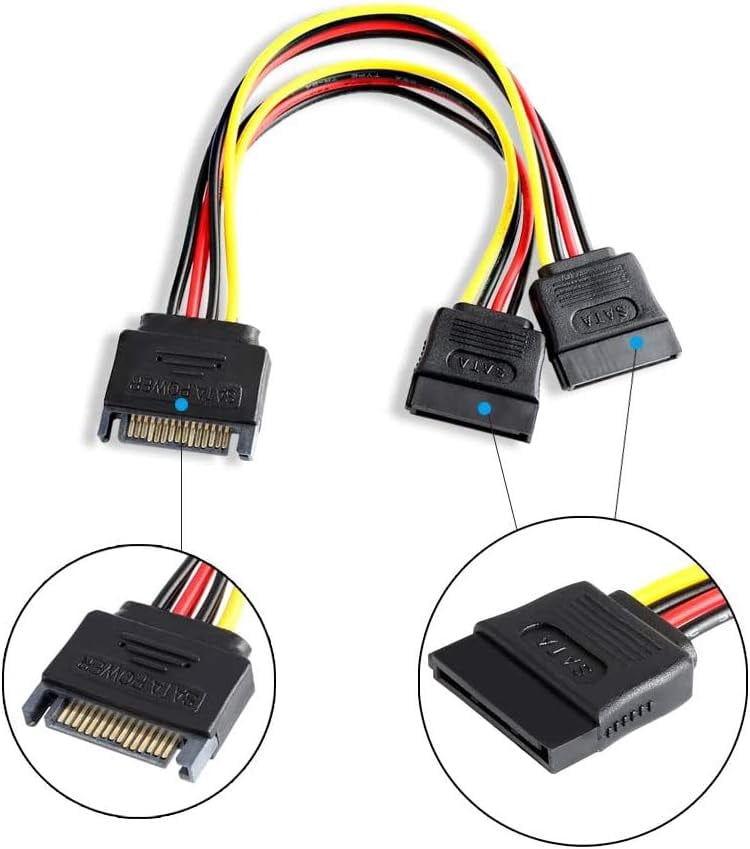 HRTGFD-2 Pack 15 Pin SATA Power Y-Splitter Cable, 20CM, Male to Female, High Speed, Compatible with Hard Drive, DVD, PCIe Express Card