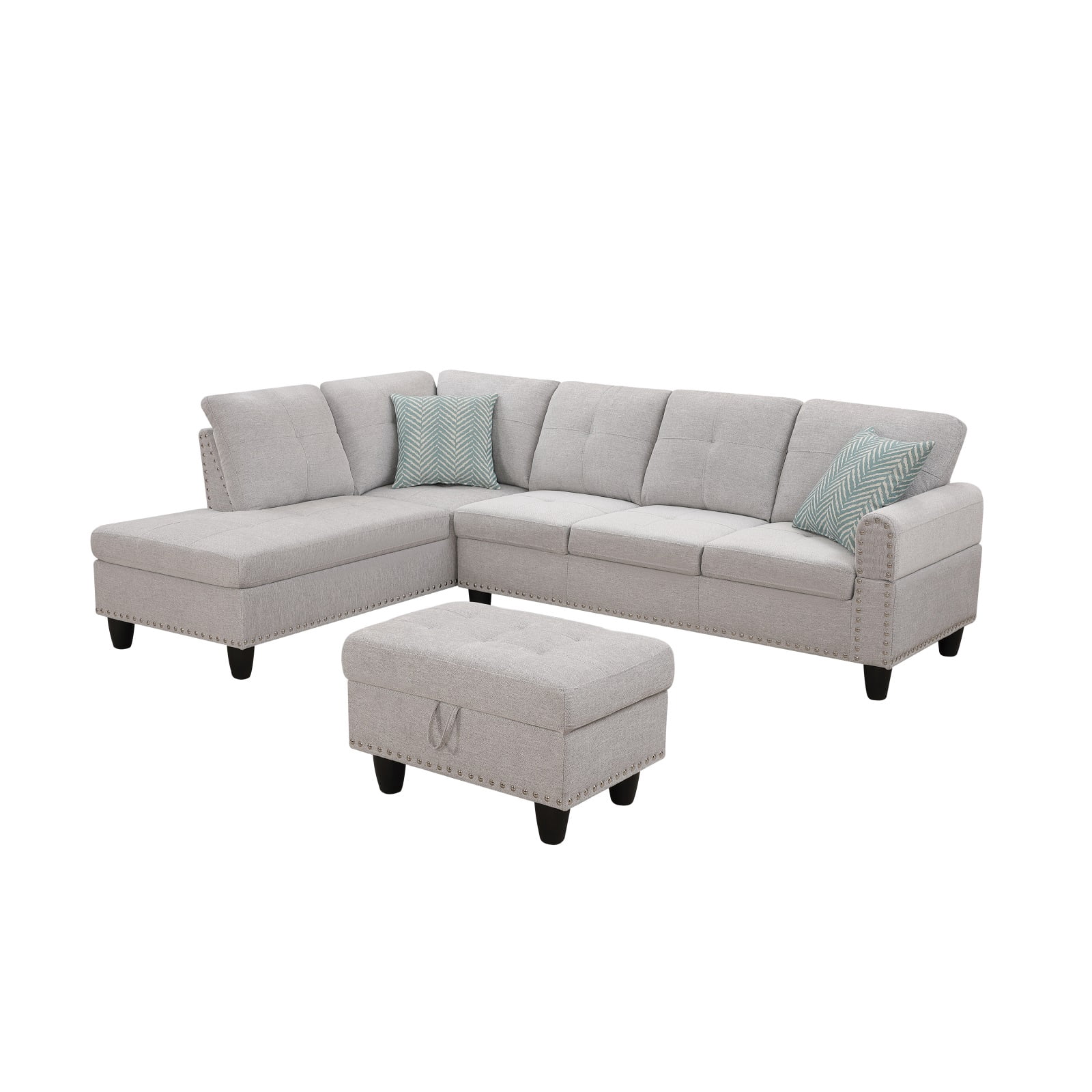 Hommoo L-Shaped Upholstered Sectional Sofa Couch with Storage & Cup Holders, Linen Living Room Sofa Set, With Ottoman, Light Gray