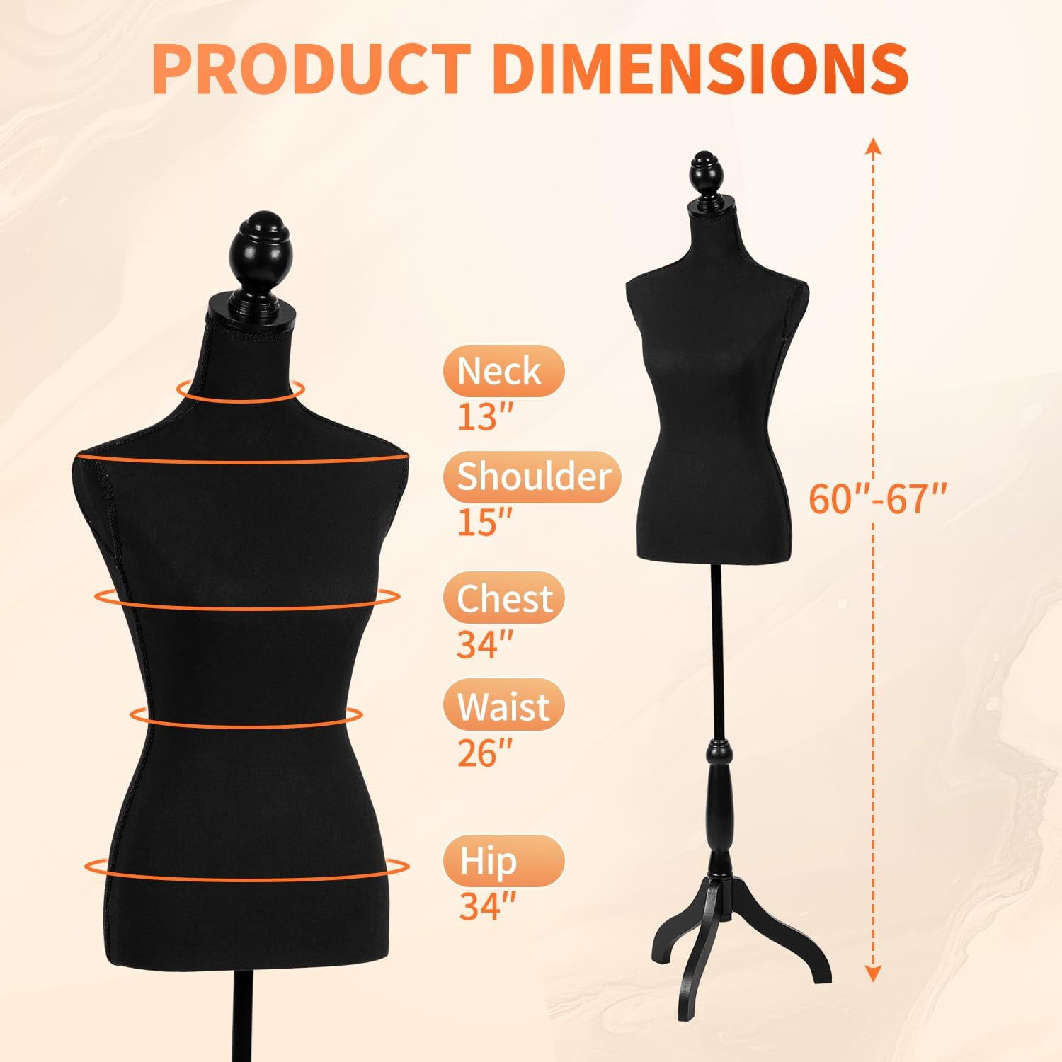 Dkelincs Female Mannequin Torso 60"-67" Height Adjustable Manikin Dress Form Model with Wooden Tripod Stand for Clothes, Jewelry Display (Black)