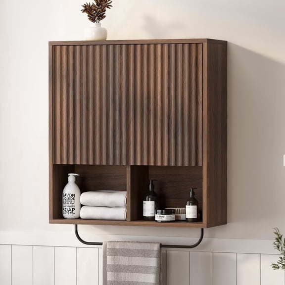 EYYTHUNG Fluted Wooden Medicine Cabinet Storage, Brown Bathroom Wall Cabinet with 2 Doors Adjustable Shelf and Towels Bar