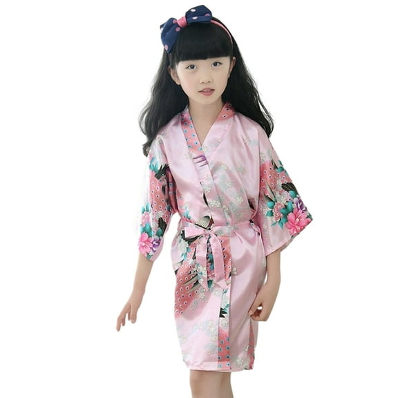 LYMAYTER Kids Toddler Girls Floral Nightgown for Little Girls Silk Pajamas Summer Stain Kimono Dresses Robe for 1-13 T