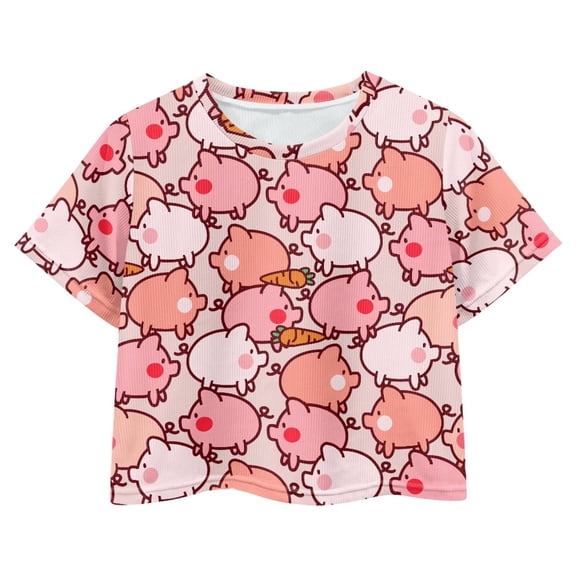 Uourmeti Pigs Summer Crew Neck T-Shirt 5-14Y Girls Cute Short Sleeve Crop Tops Casual Loose Short Sports Pullover