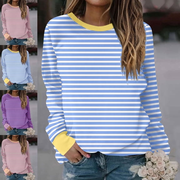Zysthvn Striped Casual Sweatshirts for women Winter Pullover Loose Fit Womens Sweatshirts Crewneck Long Sleeve Tops