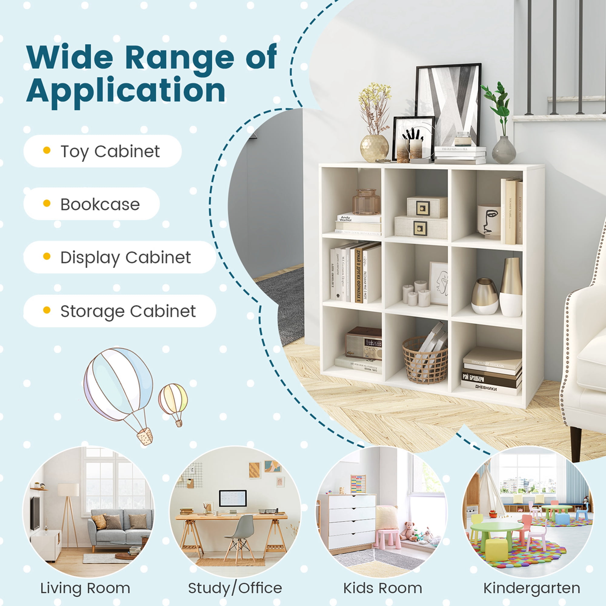 Costway 9-Cube Kids Toy Storage Organizer Wooden Children's Bookcase Display Bookshelf