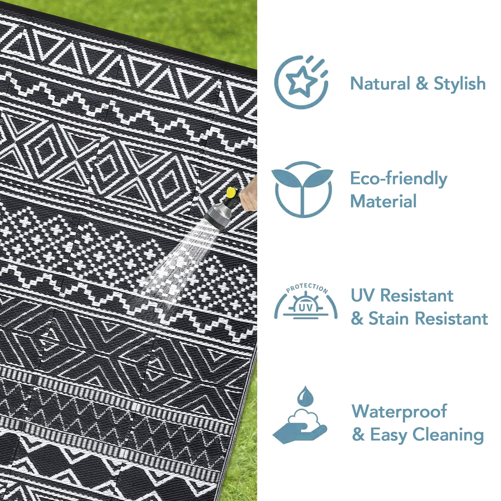 Garvee 5'x8' Plastic Outdoor Rugs, Bohemia Waterproof Straw Rug Reversible Indoor Outdoor Carpet for Patio Deck Porch Backyard Camping Picnic Beach, Black & White