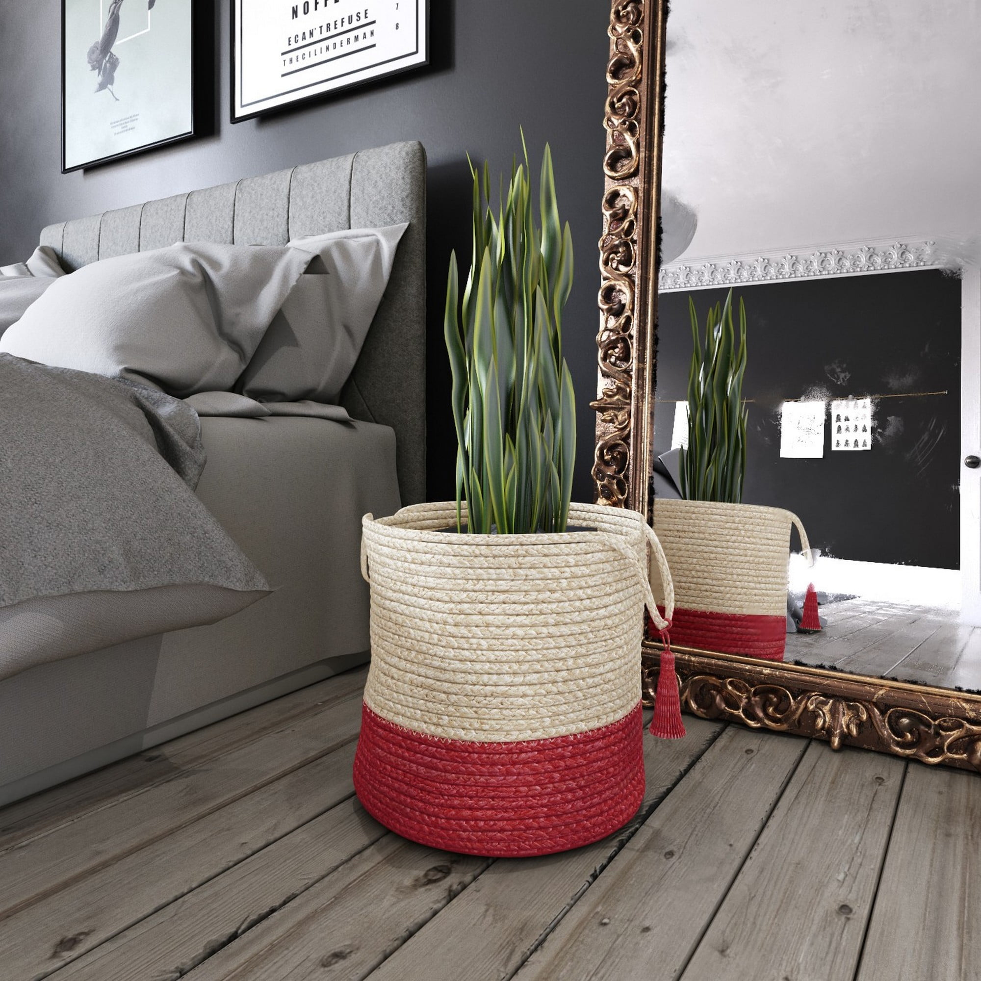 LR Home Woven Round Jute 19" Storage Basket with Handles, Red/White Stripe