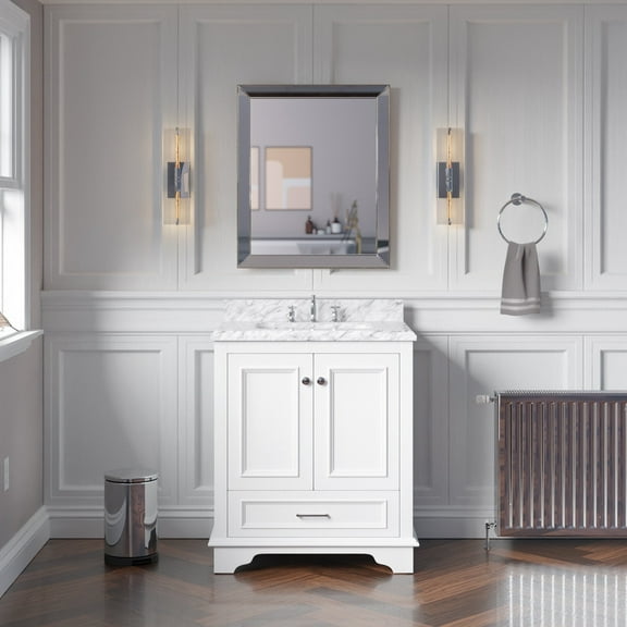 Nantucket 30" Bathroom Vanity with White Cabinet and Carrara Marble Top