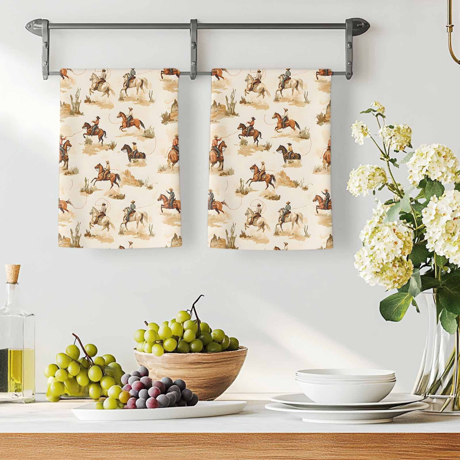 Western Cowboy Kitchen Towels Set of 2, Vintage Country Horse Plants Art Soft Microfiber Dish Towels, Absorbent Quick-Dry Washable Dishcloths for Kitchen Cleaning, Drying Dishes, 18x28 Inches