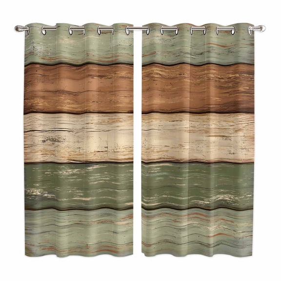 Farmhouse Sage Green Brown Kitchen Curtains 84 Inch Length, Vintage Wooden Striped Grommet Top Bedroom Living Room Curtains, Light Filtering Cafe Curtain Drapes 2 Panels Set 104''x84''